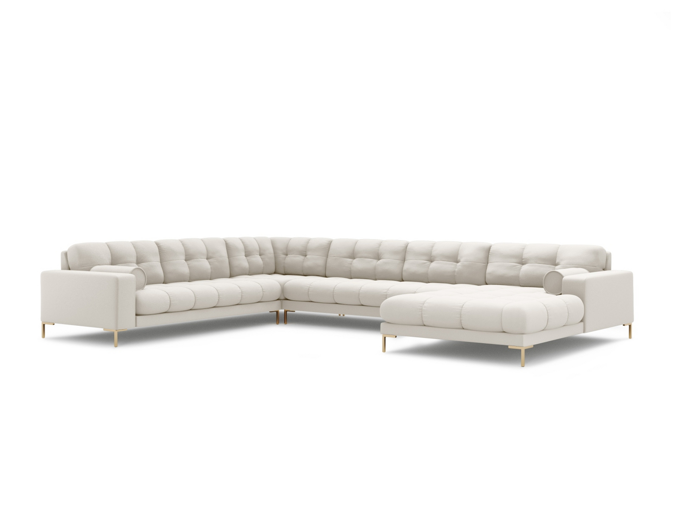 Cosmopolitan Design vänstervänd panoramahörnsoffa, "Bali", 7-sits, 327 × 256 × 75 cm, Neve, guldfärgade metallben