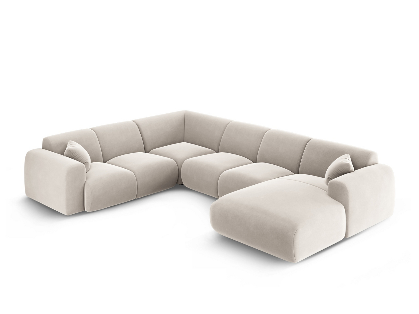 Cosmopolitan Design vänstervänd sammetspanoramahörnsoffa, "Nolio", 6-sits, 342 × 252 × 72 cm, Casino, svarta plastben