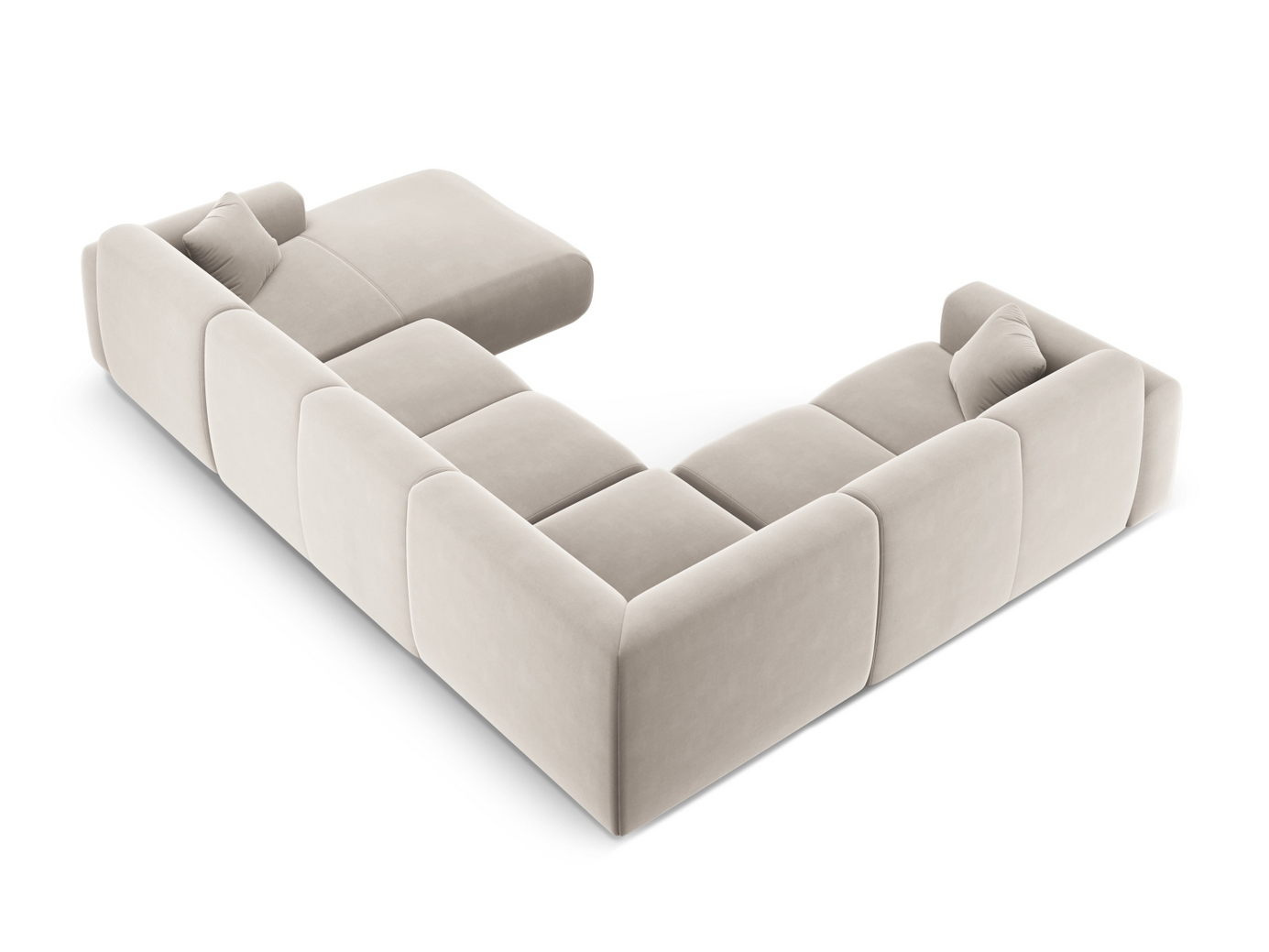 Cosmopolitan Design vänstervänd sammetspanoramahörnsoffa, "Nolio", 6-sits, 342 × 252 × 72 cm, Casino, svarta plastben