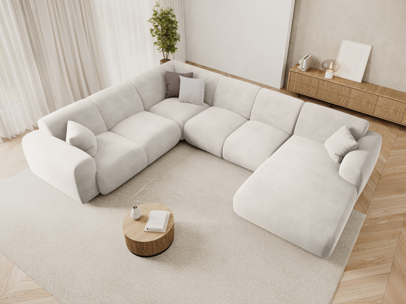 Cosmopolitan Design vänstervänd sammetspanoramahörnsoffa, "Nolio", 6-sits, 342 × 252 × 72 cm, Casino, svarta plastben