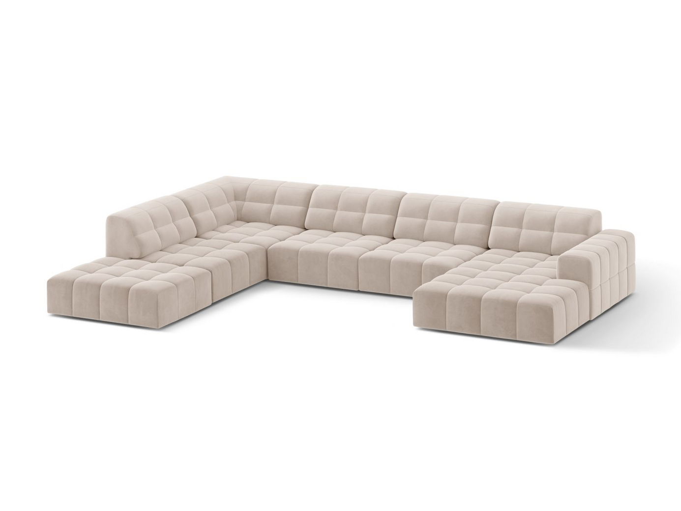 Cosmopolitan Design vänstervänd sammetspanoramahörnsoffa, "Chicago", 7-sits, 375 × 263 × 78 cm, Venus, svarta plastben