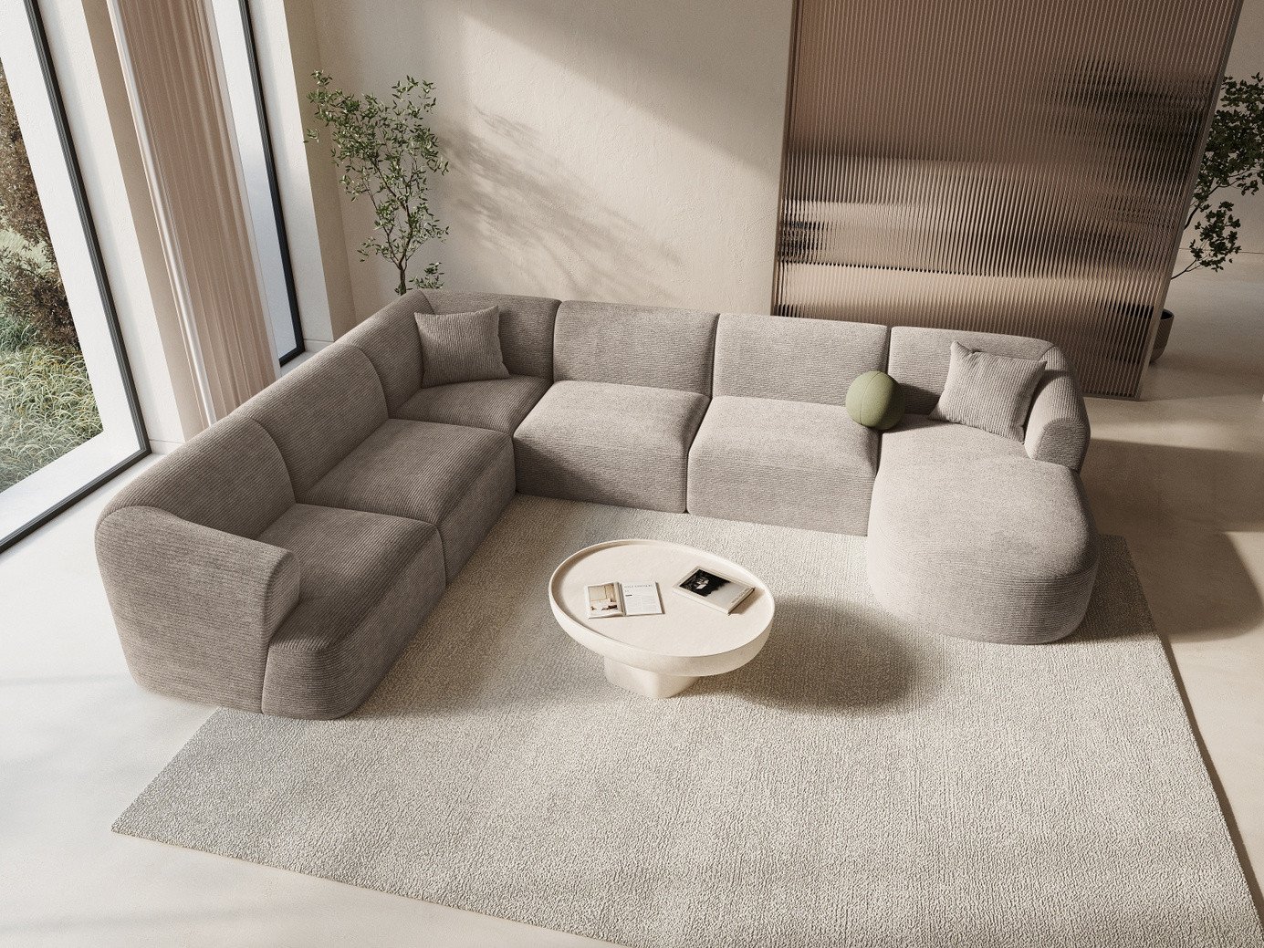 Cosmopolitan Design vänstervänd panoramamodulhörnsoffa, "Campi", 7-sits, 330 × 255 × 70 cm, Lincoln, svarta plastben