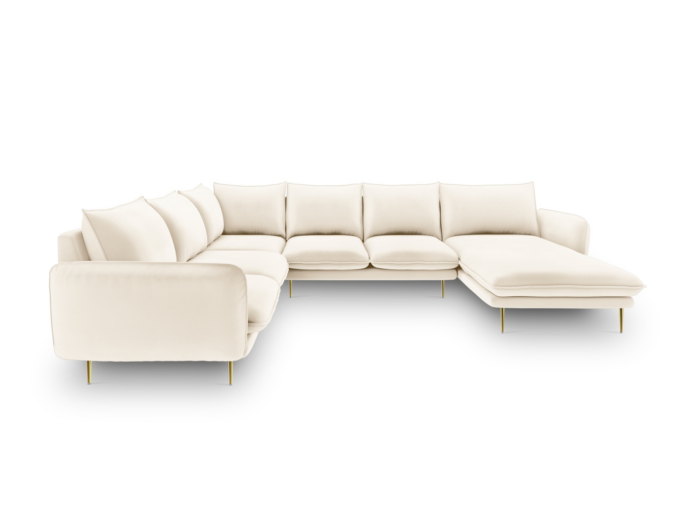 Cosmopolitan Design vänstervänd sammetspanoramahörnsoffa, "Vienna", 7-sits, 330 × 235 × 95 cm, Bluvel, guldfärgade metallben