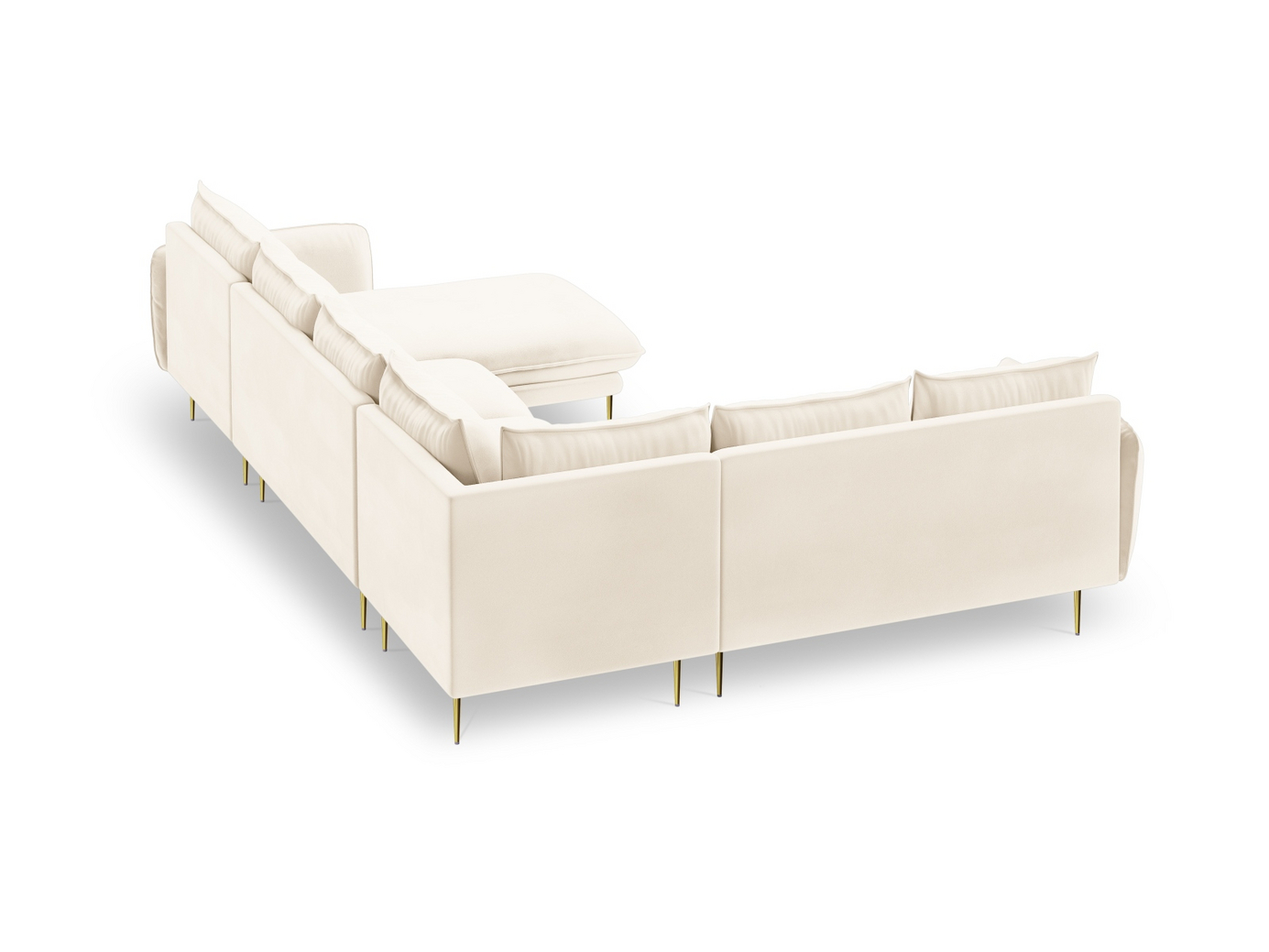 Cosmopolitan Design vänstervänd sammetspanoramahörnsoffa, "Vienna", 7-sits, 330 × 235 × 95 cm, Bluvel, guldfärgade metallben