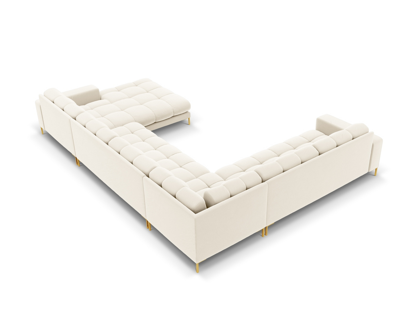 Cosmopolitan Design vänstervänd sammetspanoramahörnsoffa, "Bali", 7-sits, 327 × 256 × 75 cm, Bluvel, guldfärgade metallben