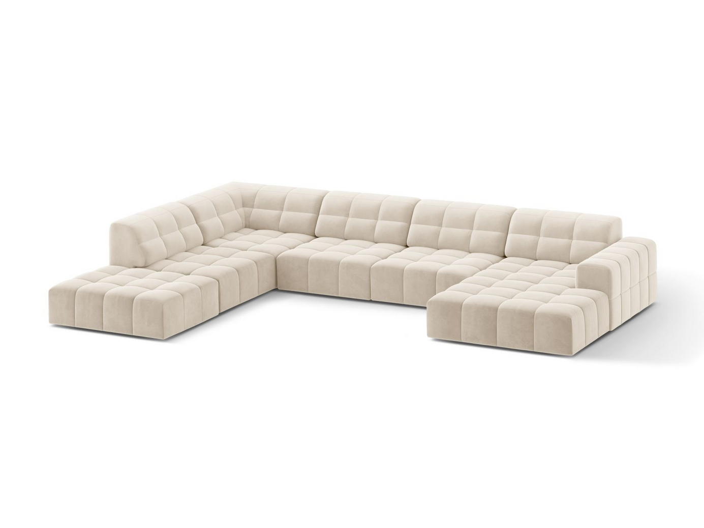 Cosmopolitan Design vänstervänd sammetspanoramahörnsoffa, "Chicago", 7-sits, 375 × 263 × 78 cm, Bluvel, svarta plastben