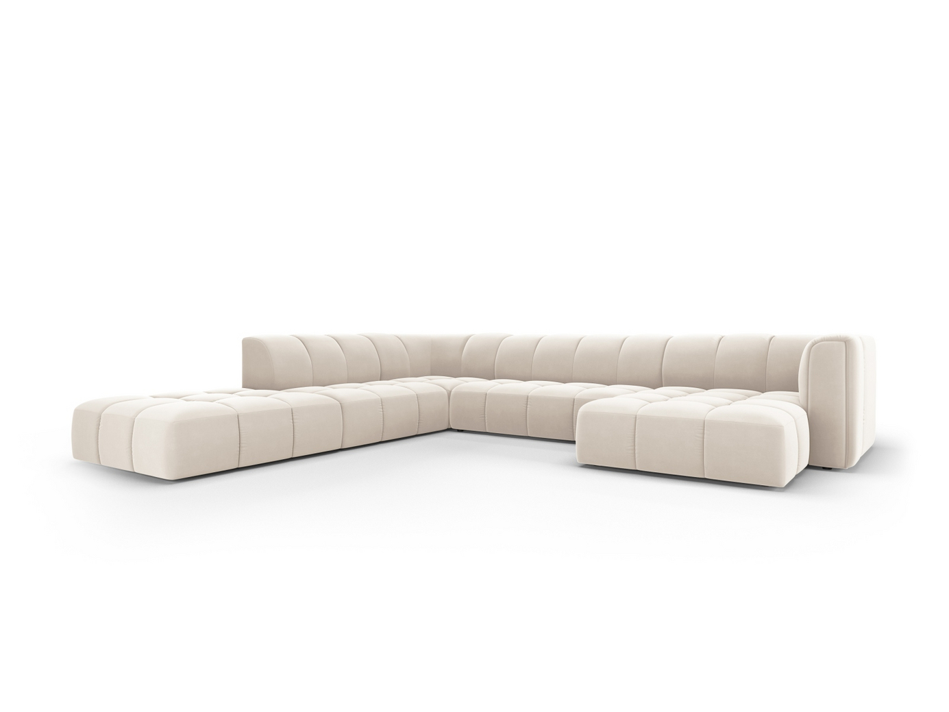 Cosmopolitan Design vänstervänd sammetspanoramamodulhörnsoffa, "Moritz", 7-sits, 329 × 276 × 70 cm, Bluvel, svarta plastben