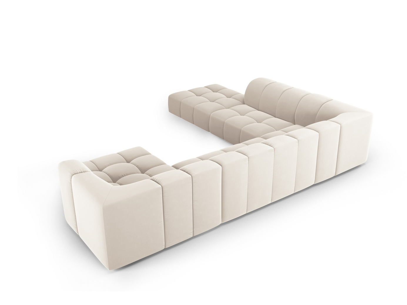 Cosmopolitan Design vänstervänd sammetspanoramamodulhörnsoffa, "Moritz", 7-sits, 329 × 276 × 70 cm, Bluvel, svarta plastben