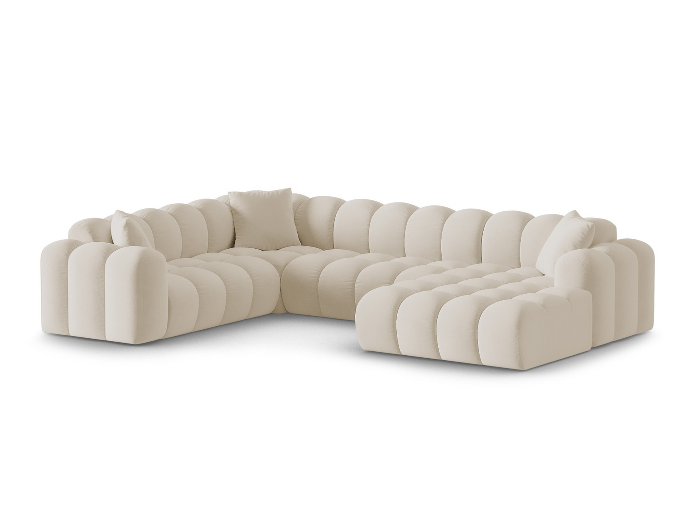 Cosmopolitan Design vänstervänd sammetspanoramahörnsoffa, "Treno", 4-sits, 330 × 240 × 70 cm, Bluvel, svarta plastben