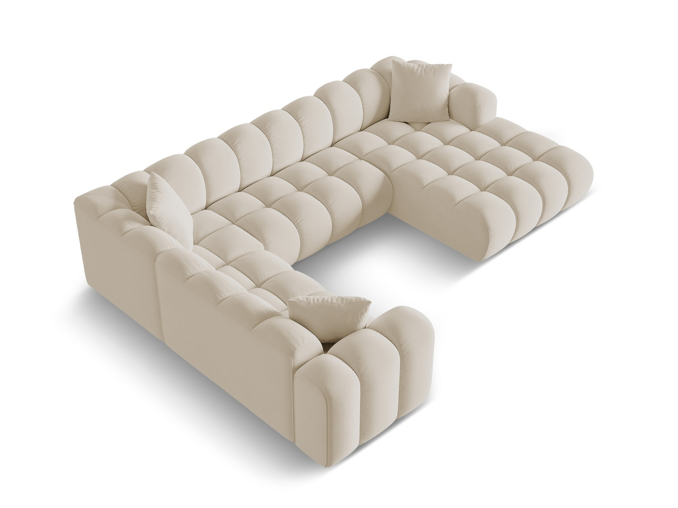 Cosmopolitan Design vänstervänd sammetspanoramahörnsoffa, "Treno", 4-sits, 330 × 240 × 70 cm, Bluvel, svarta plastben