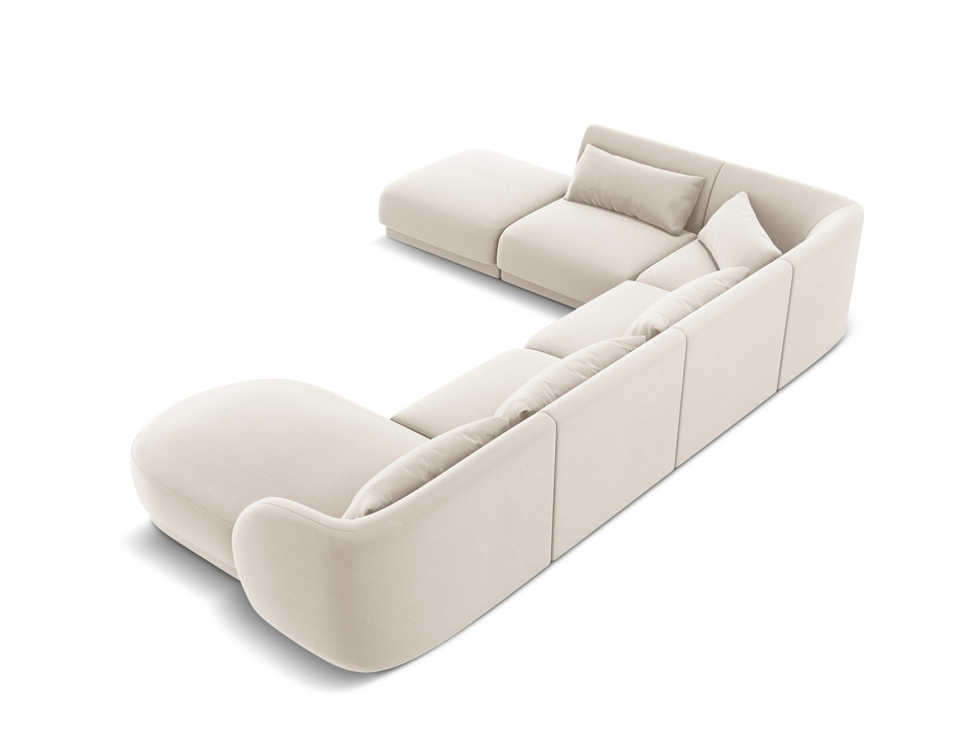 Cosmopolitan Design vänstervänd sammetspanoramahörnsoffa, "Tulum", 6-sits, 330 × 255 × 70 cm, Bluvel, svarta plastben