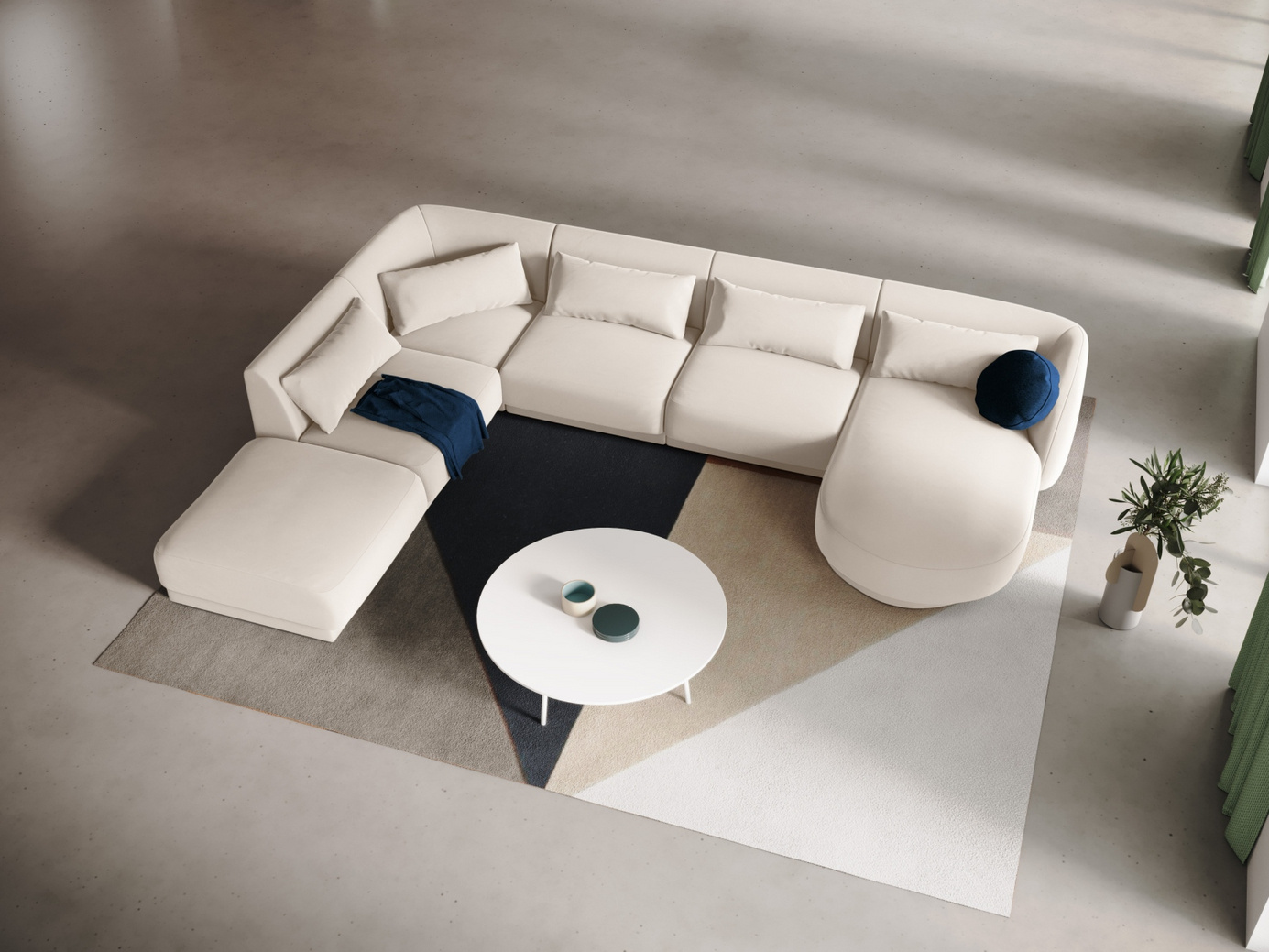 Cosmopolitan Design vänstervänd sammetspanoramahörnsoffa, "Tulum", 6-sits, 330 × 255 × 70 cm, Bluvel, svarta plastben