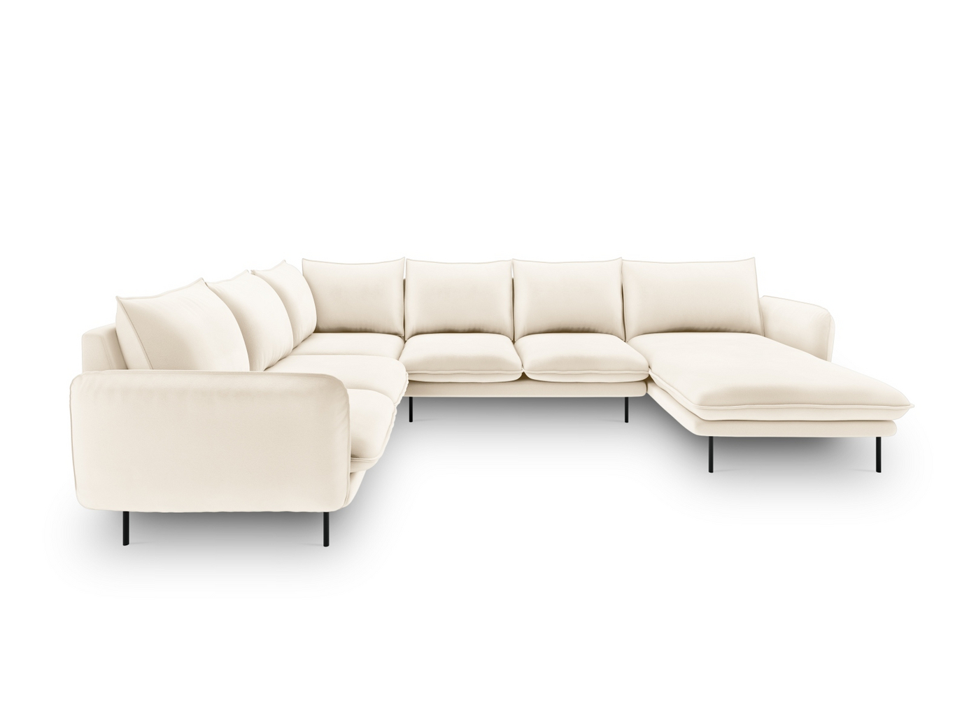 Cosmopolitan Design vänstervänd sammetspanoramahörnsoffa, "Vienna", 7-sits, 330 × 235 × 95 cm, Bluvel, svarta metallben
