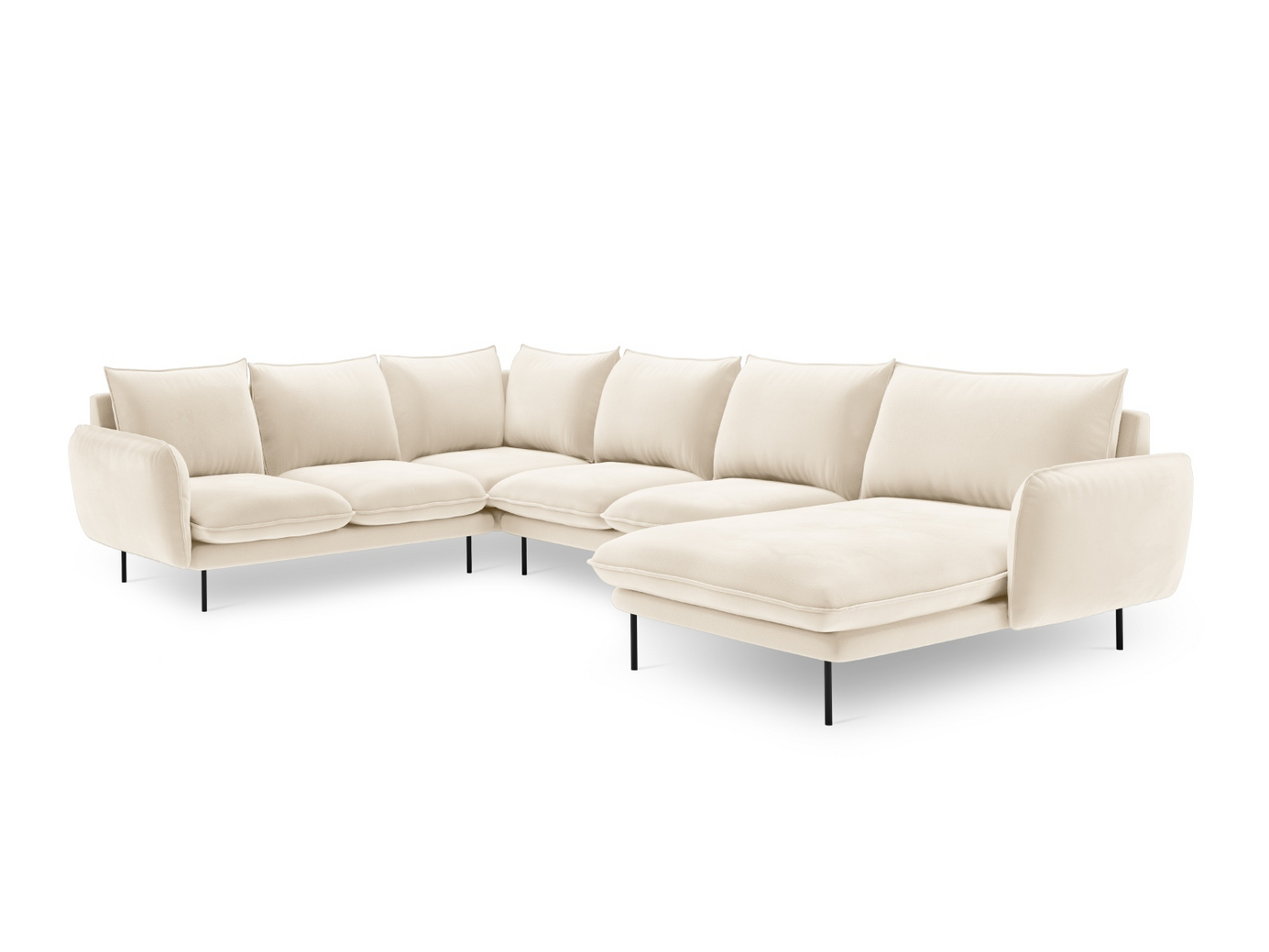 Cosmopolitan Design vänstervänd sammetspanoramahörnsoffa, "Vienna", 7-sits, 330 × 235 × 95 cm, Bluvel, svarta metallben