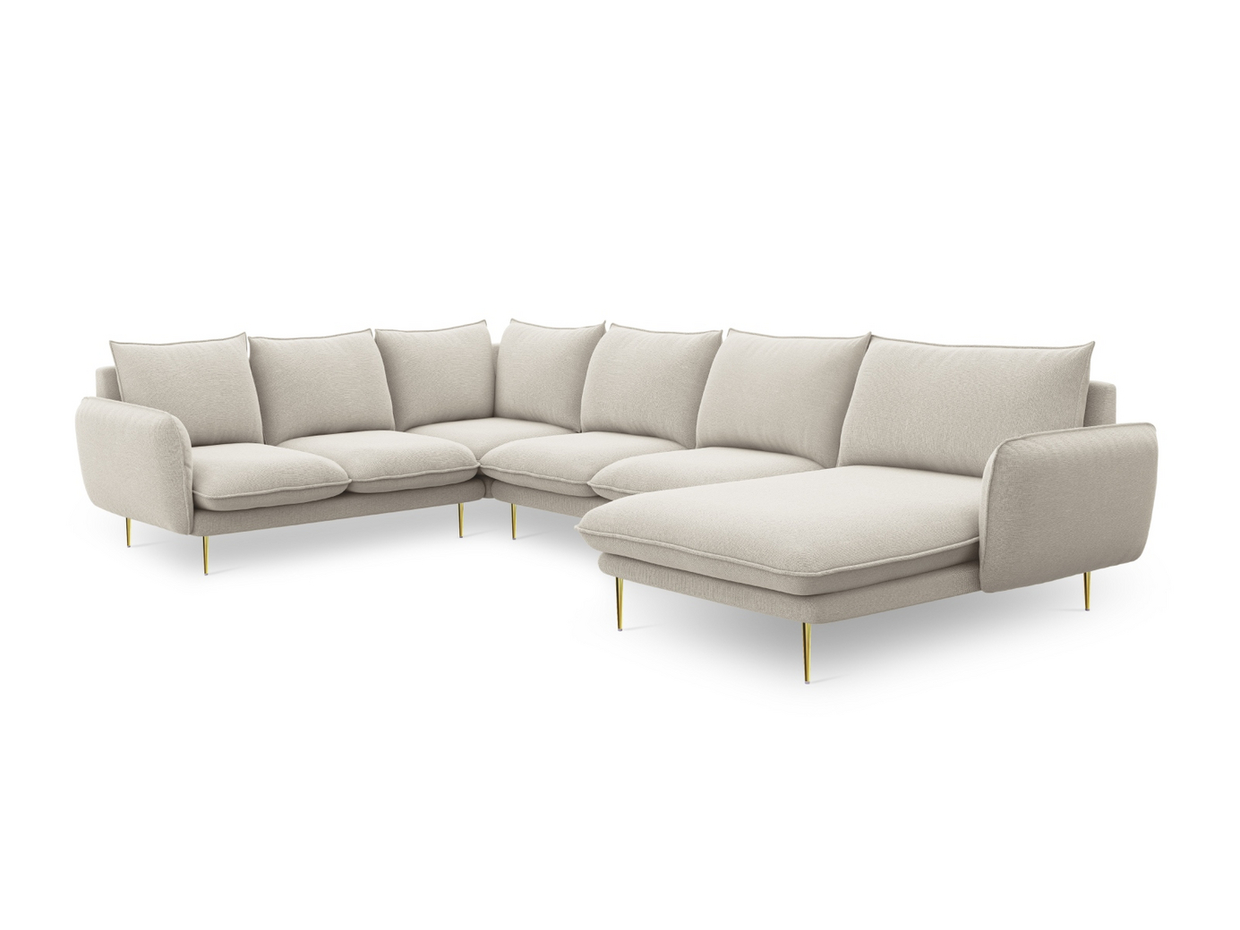 Cosmopolitan Design vänstervänd panoramahörnsoffa, "Vienna", 7-sits, 330 × 235 × 95 cm, Positano, guldfärgade metallben