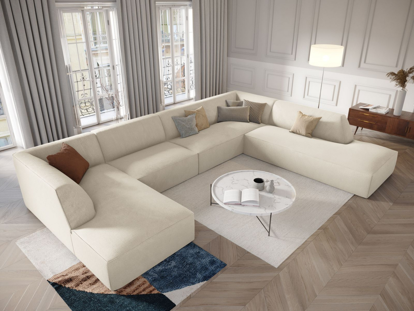 Cosmopolitan Design högervänd panoramahörnsoffa, "Siena", 7-sits, 366 × 273 × 69 cm, Scala, svarta plastben