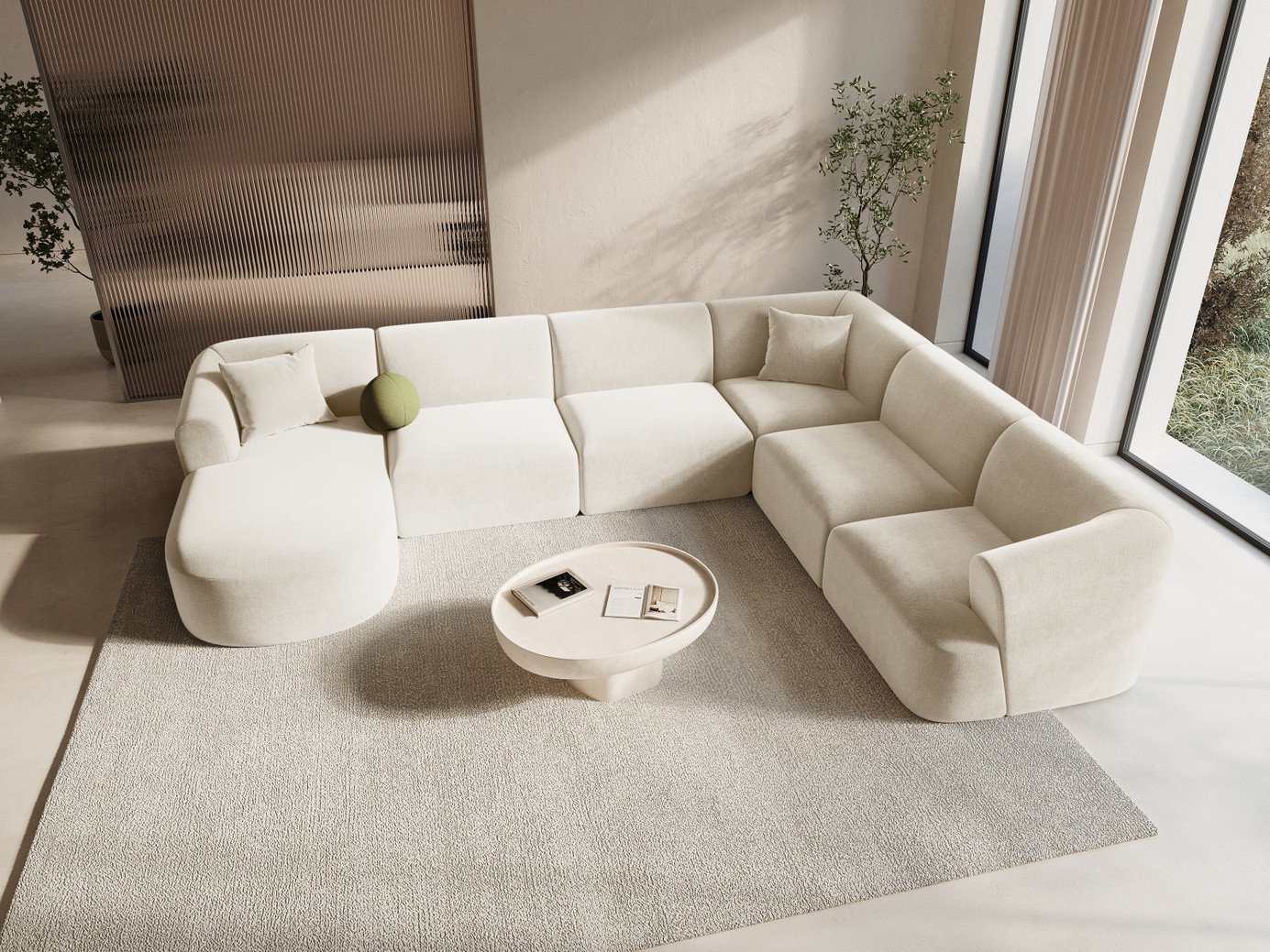 Cosmopolitan Design högervänd sammetspanoramamodulhörnsoffa, "Campi", 7-sits, 330 × 255 × 70 cm, Vogue, svarta plastben