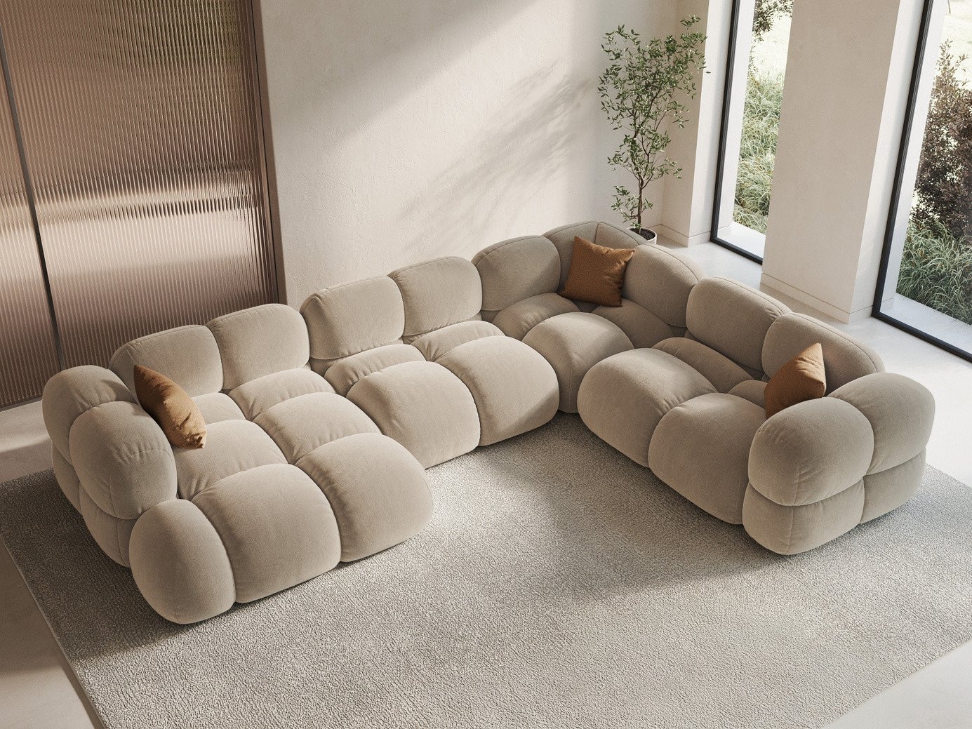 Cosmopolitan Design högervänd sammetspanoramahörnsoffa, "Loretto", 5-sits, 345 × 250 × 68 cm, Vogue, svarta plastben