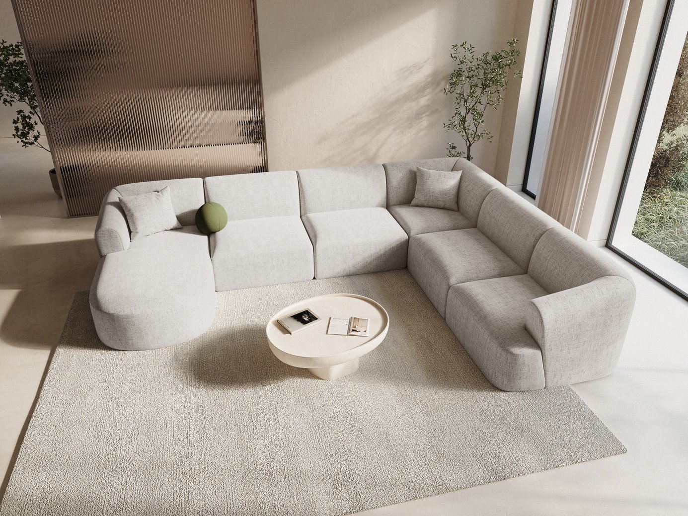 Cosmopolitan Design högervänd panoramamodulhörnsoffa, "Campi", 7-sits, 330 × 255 × 70 cm, Moly, svarta plastben