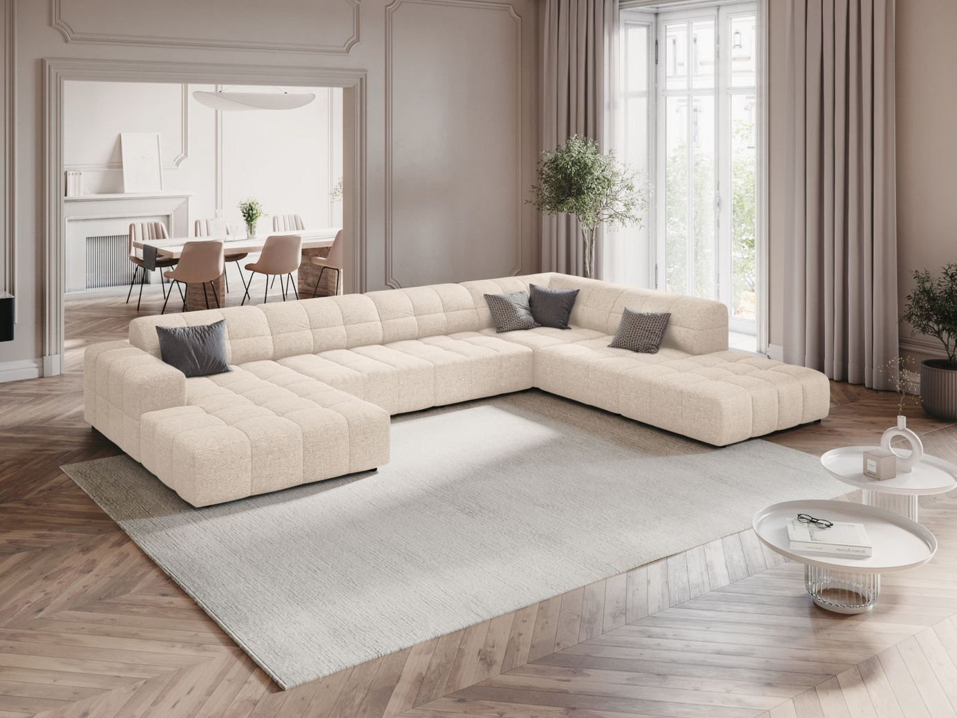 Cosmopolitan Design högervänd panoramahörnsoffa, "Chicago", 7-sits, 375 × 263 × 78 cm, Haga, svarta plastben