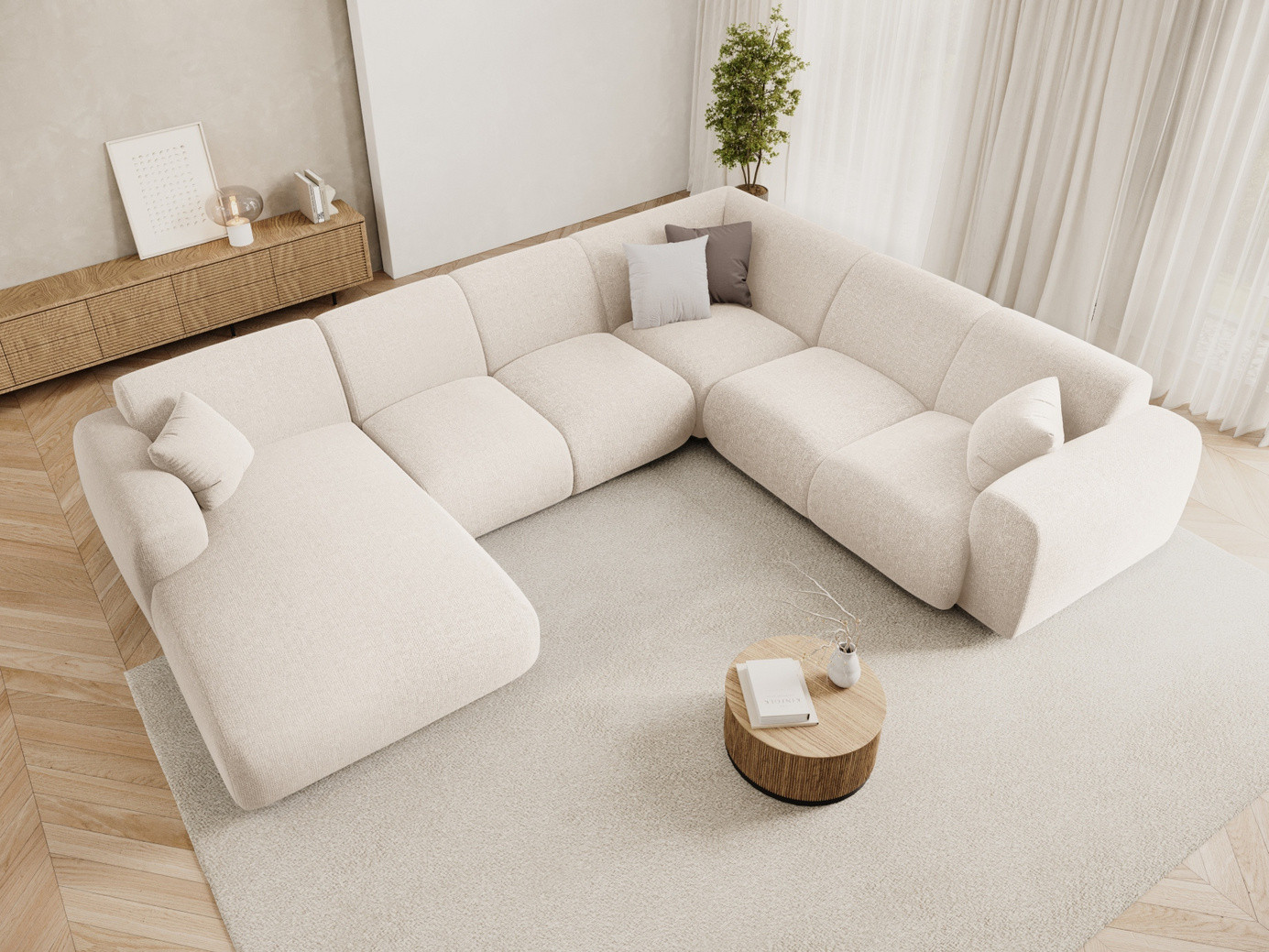Cosmopolitan Design högervänd panoramahörnsoffa, "Nolio", 6-sits, 342 × 252 × 72 cm, Haga, svarta plastben