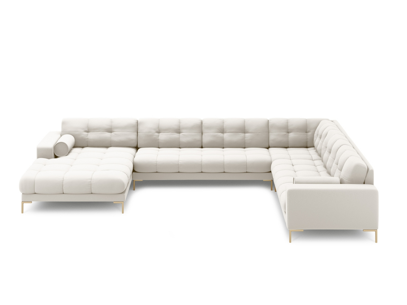 Cosmopolitan Design högervänd panoramahörnsoffa, "Bali", 7-sits, 327 × 256 × 75 cm, Neve, guldfärgade metallben