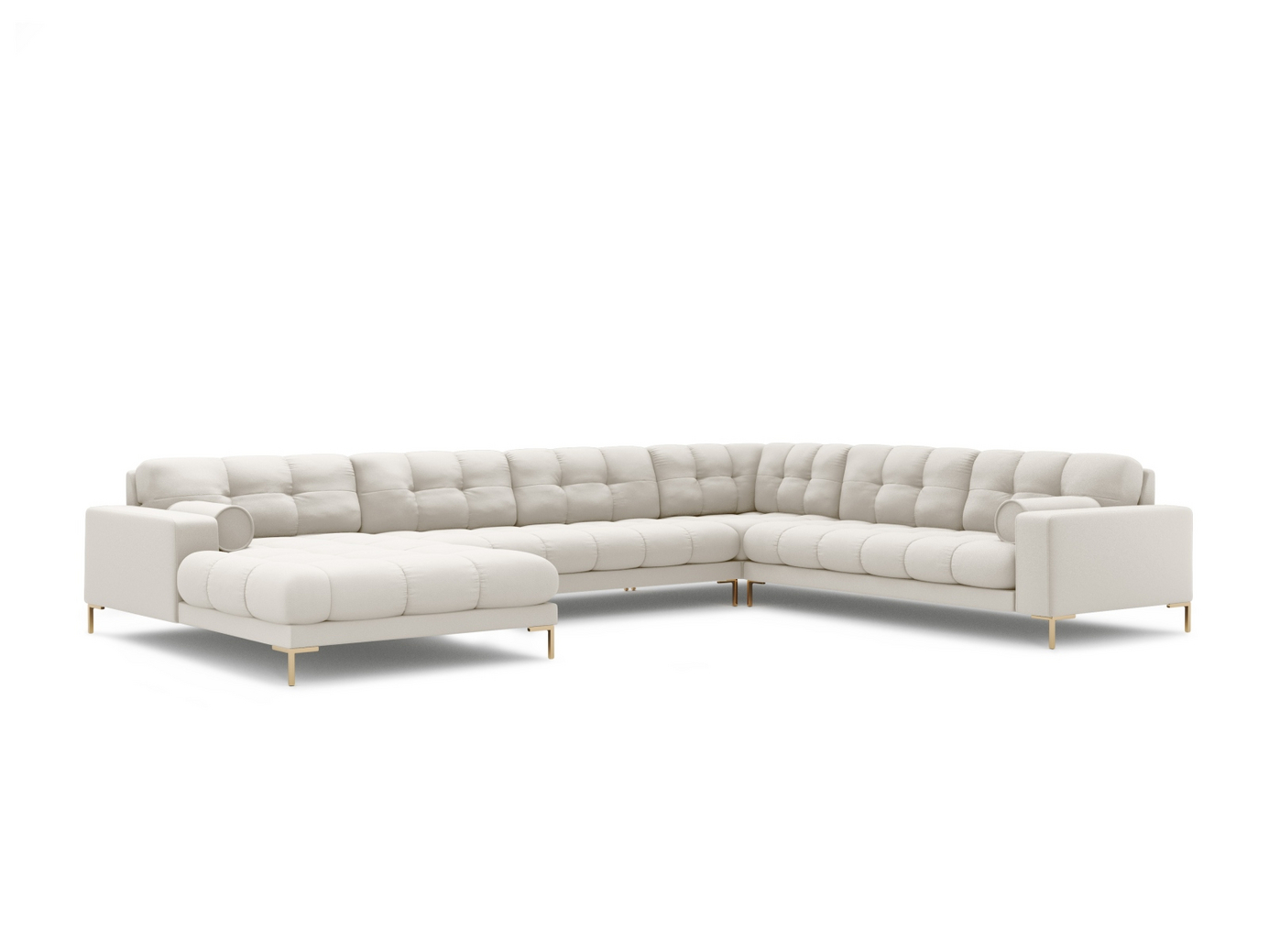 Cosmopolitan Design högervänd panoramahörnsoffa, "Bali", 7-sits, 327 × 256 × 75 cm, Neve, guldfärgade metallben