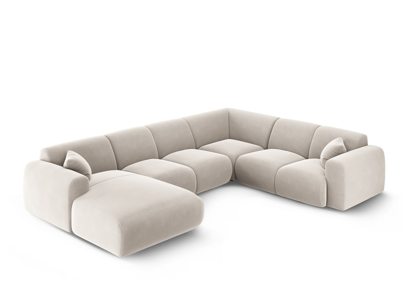 Cosmopolitan Design högervänd sammetspanoramahörnsoffa, "Nolio", 6-sits, 342 × 252 × 72 cm, Casino, svarta plastben