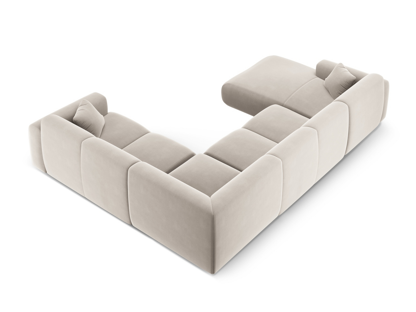 Cosmopolitan Design högervänd sammetspanoramahörnsoffa, "Nolio", 6-sits, 342 × 252 × 72 cm, Casino, svarta plastben