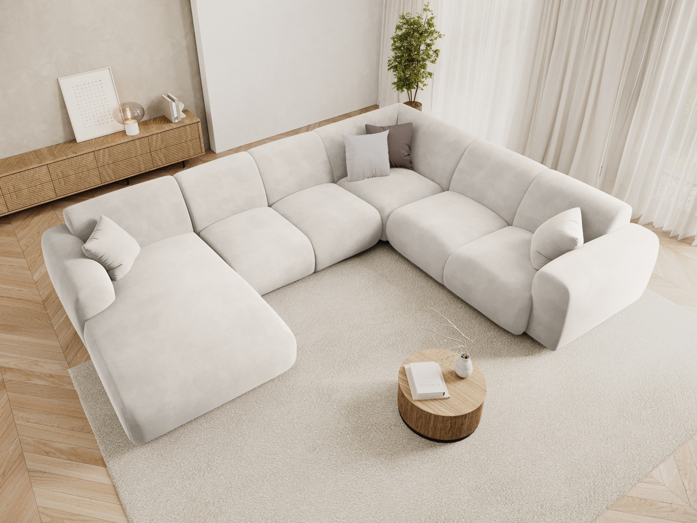 Cosmopolitan Design högervänd sammetspanoramahörnsoffa, "Nolio", 6-sits, 342 × 252 × 72 cm, Casino, svarta plastben