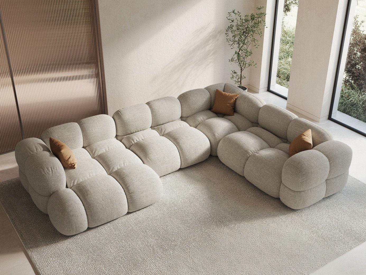 Cosmopolitan Design högervänd panoramahörnsoffa, "Loretto", 5-sits, 345 × 250 × 68 cm, Sorella, svarta plastben