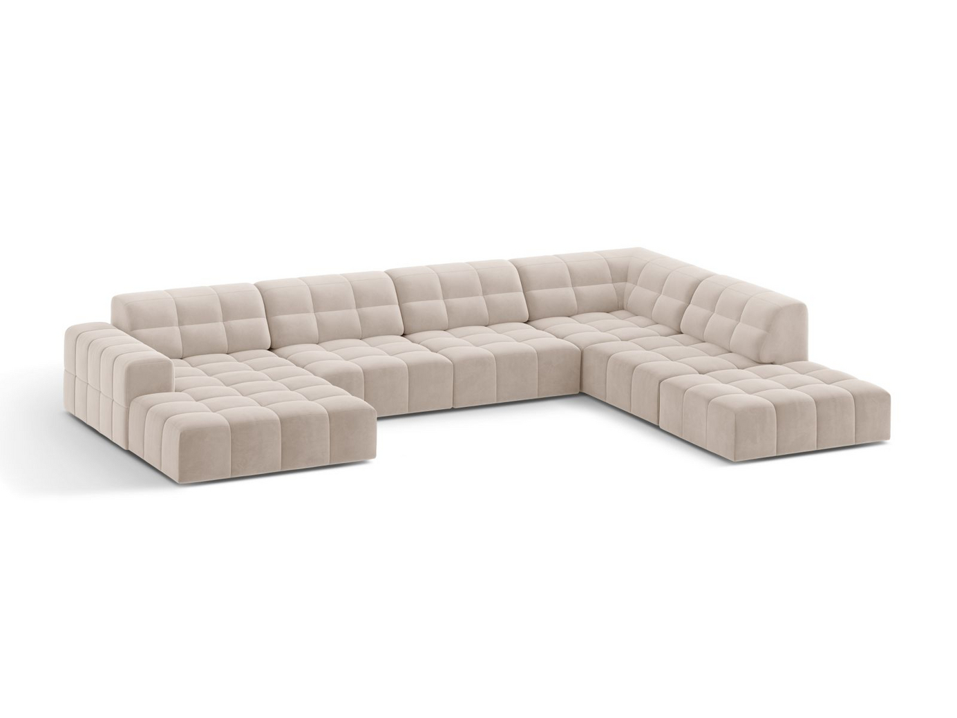 Cosmopolitan Design högervänd sammetspanoramahörnsoffa, "Chicago", 7-sits, 375 × 263 × 78 cm, Venus, svarta plastben