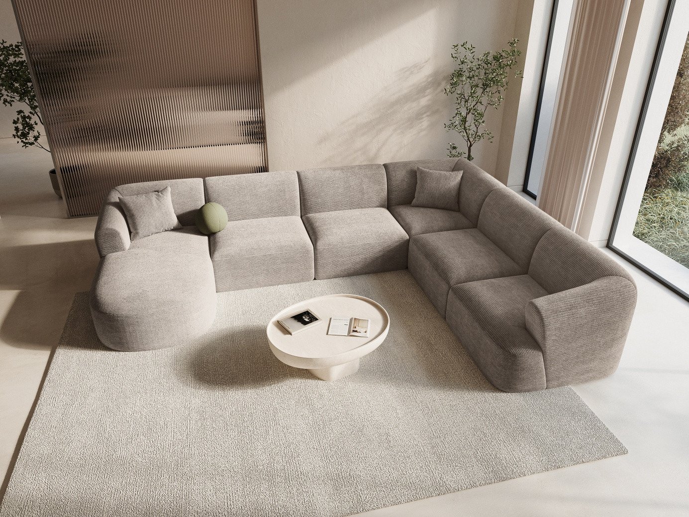Cosmopolitan Design högervänd panoramamodulhörnsoffa, "Campi", 7-sits, 330 × 255 × 70 cm, Lincoln, svarta plastben