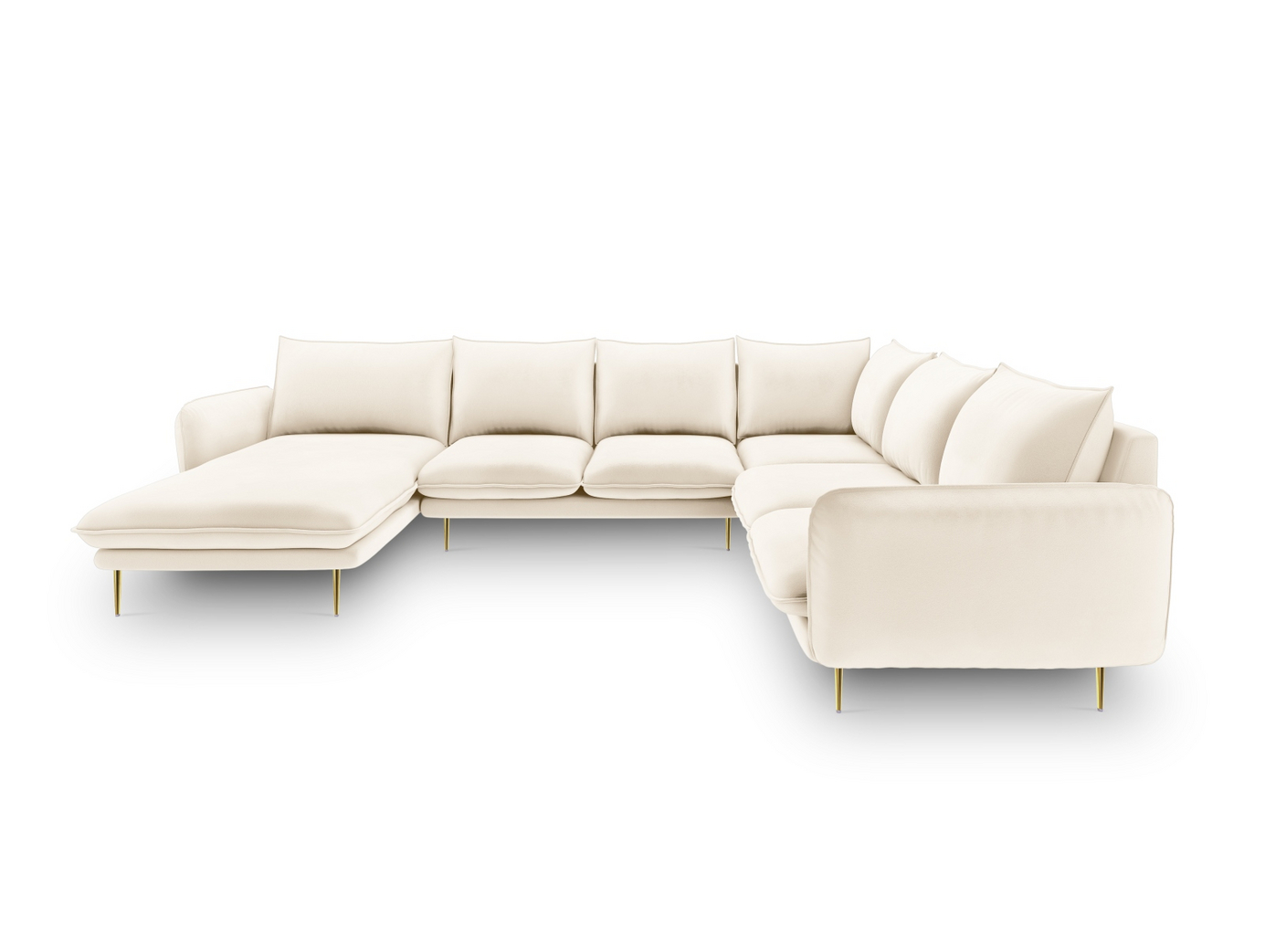 Cosmopolitan Design högervänd sammetspanoramahörnsoffa, "Vienna", 7-sits, 330 × 235 × 95 cm, Bluvel, guldfärgade metallben