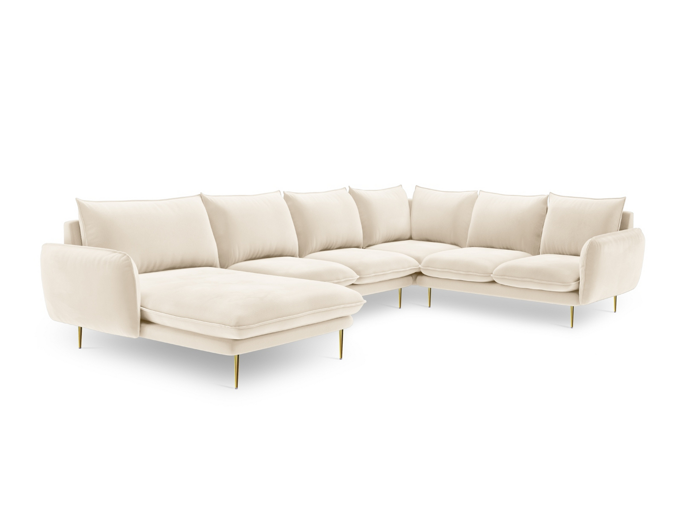 Cosmopolitan Design högervänd sammetspanoramahörnsoffa, "Vienna", 7-sits, 330 × 235 × 95 cm, Bluvel, guldfärgade metallben