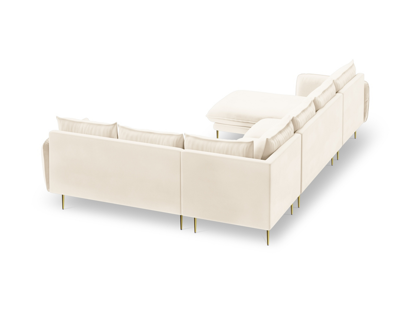 Cosmopolitan Design högervänd sammetspanoramahörnsoffa, "Vienna", 7-sits, 330 × 235 × 95 cm, Bluvel, guldfärgade metallben