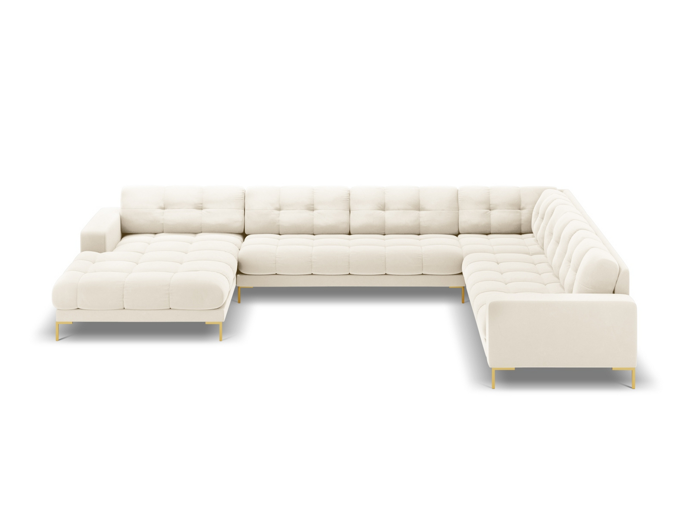 Cosmopolitan Design högervänd sammetspanoramahörnsoffa, "Bali", 7-sits, 327 × 256 × 75 cm, Bluvel, guldfärgade metallben