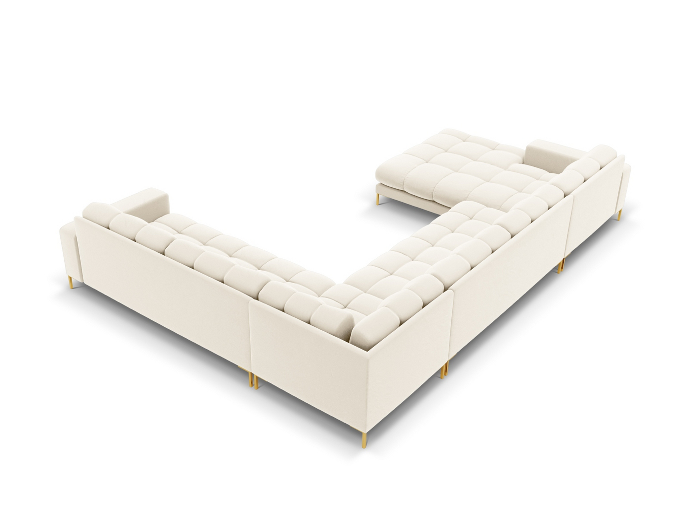 Cosmopolitan Design högervänd sammetspanoramahörnsoffa, "Bali", 7-sits, 327 × 256 × 75 cm, Bluvel, guldfärgade metallben
