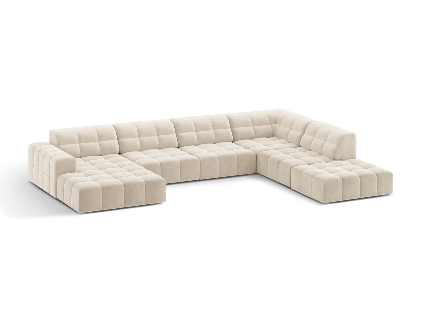 Cosmopolitan Design högervänd sammetspanoramahörnsoffa, "Chicago", 7-sits, 375 × 263 × 78 cm, Bluvel, svarta plastben