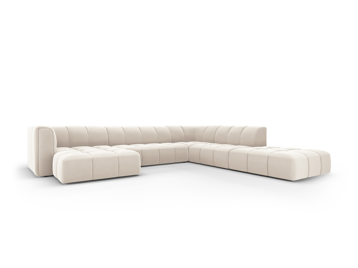 Cosmopolitan Design högervänd sammetspanoramamodulhörnsoffa, "Moritz", 7-sits, 329 × 276 × 70 cm, Bluvel, svarta plastben