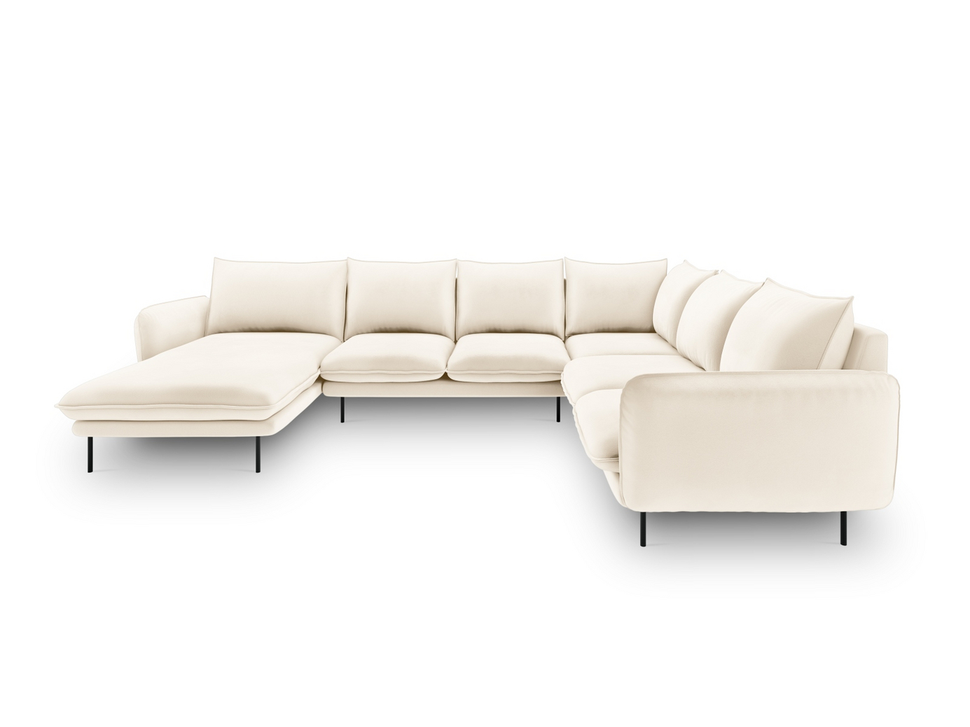 Cosmopolitan Design högervänd sammetspanoramahörnsoffa, "Vienna", 7-sits, 330 × 235 × 95 cm, Bluvel, svarta metallben