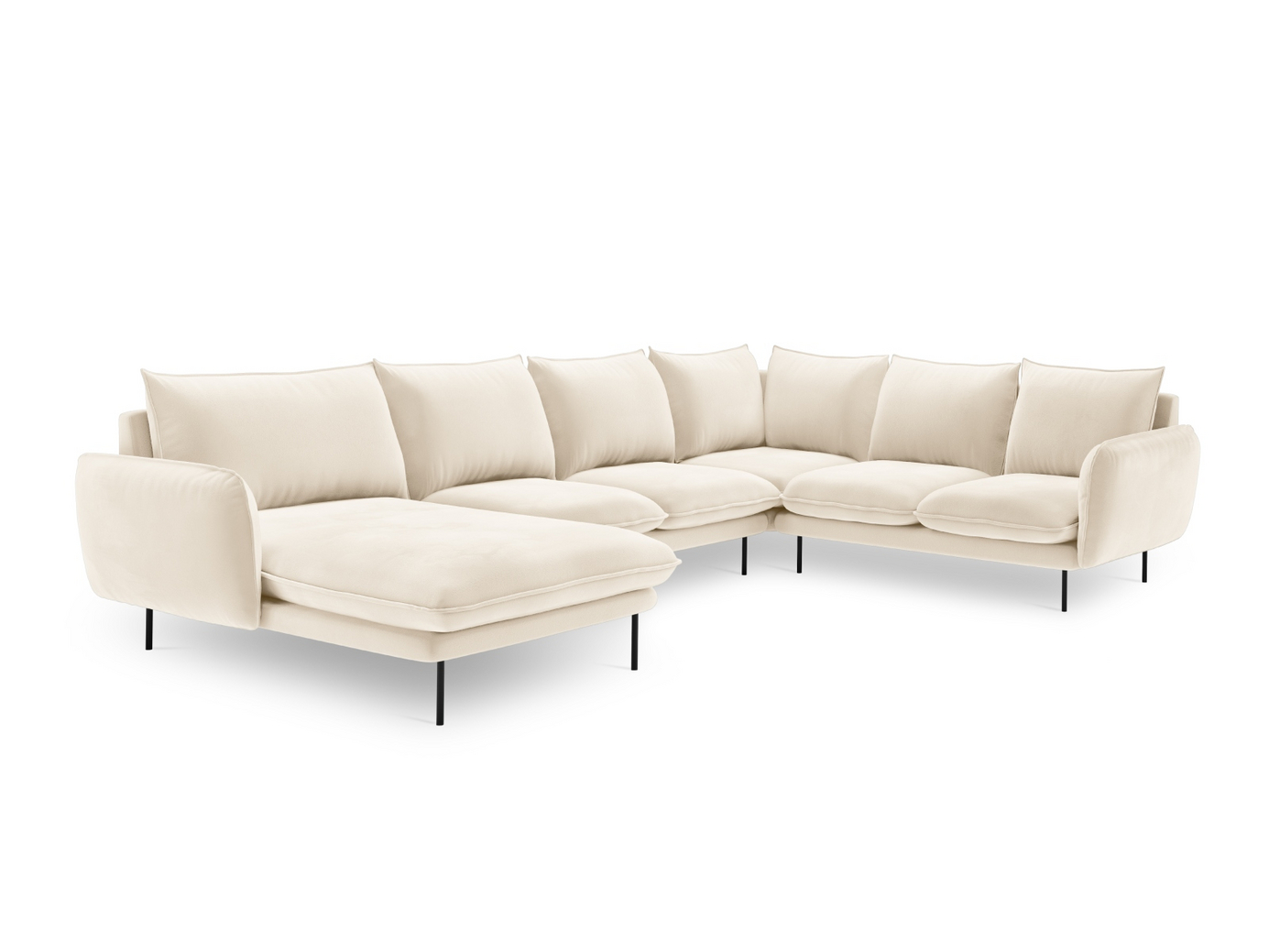 Cosmopolitan Design högervänd sammetspanoramahörnsoffa, "Vienna", 7-sits, 330 × 235 × 95 cm, Bluvel, svarta metallben