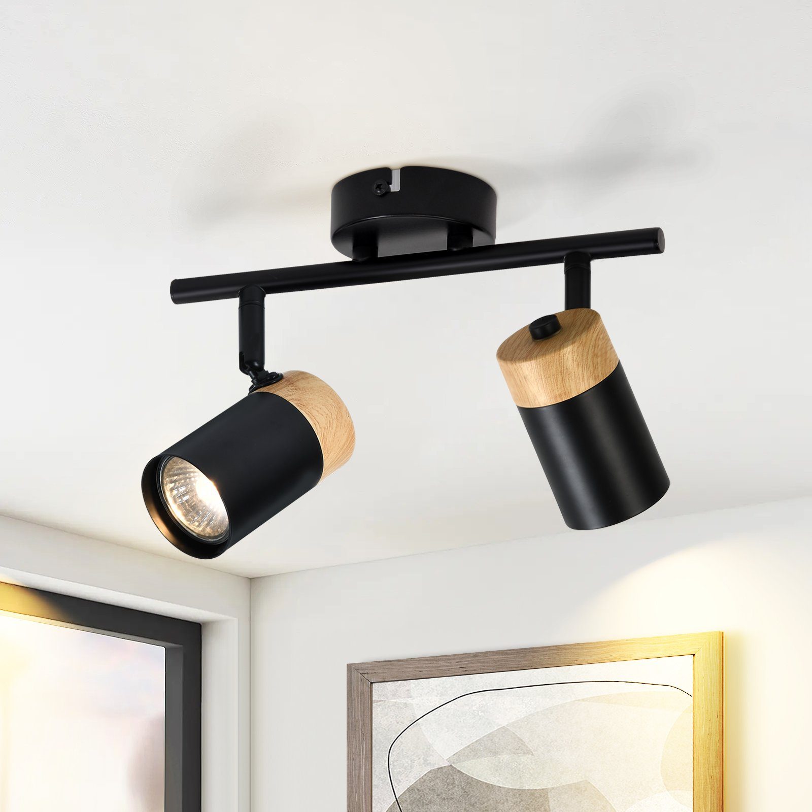 NETTLIFE - taklampa, 2 svarta träspotlights, GU10, justerbar LED, 330°, för hall, garage, vardagsrum, kök, utan glödlampa