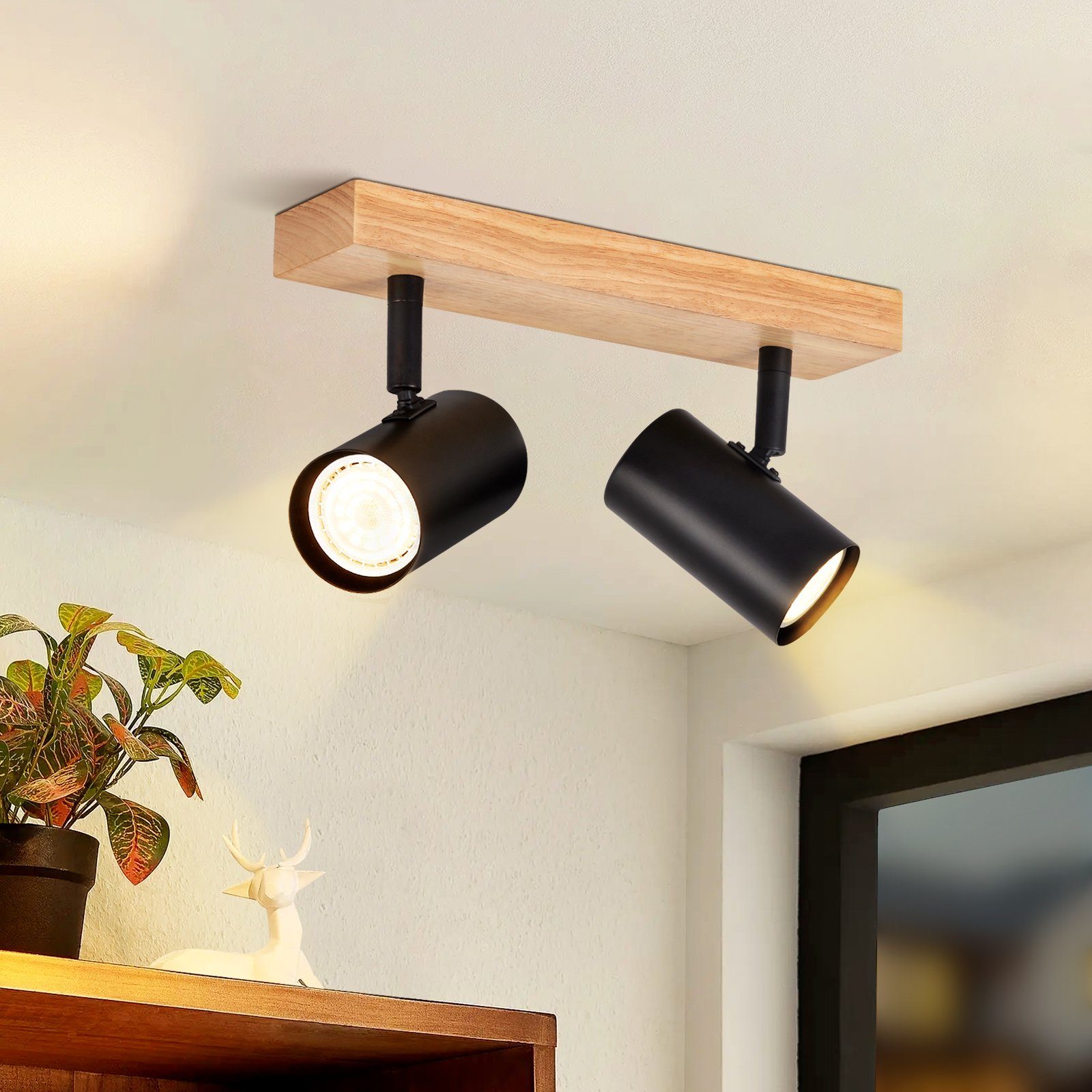 NETTLIFE 2 svarta takspotlights i trä, GU10 350° justerbara, industriell retrostil, för vardagsrum, sovrum