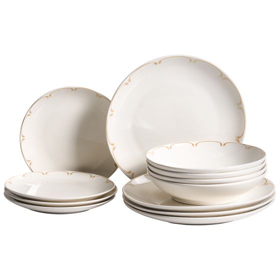 Set med 12 matserviser CHAROLI Porslin Vit/ Guld