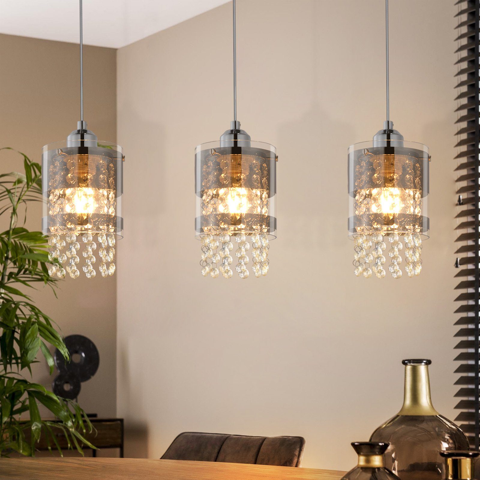 NETTLIFE pendellampa, 3 ljuskällor, E27, modern, diameter 60 cm, höjdjusterbar, glas och kristall max. 25 W