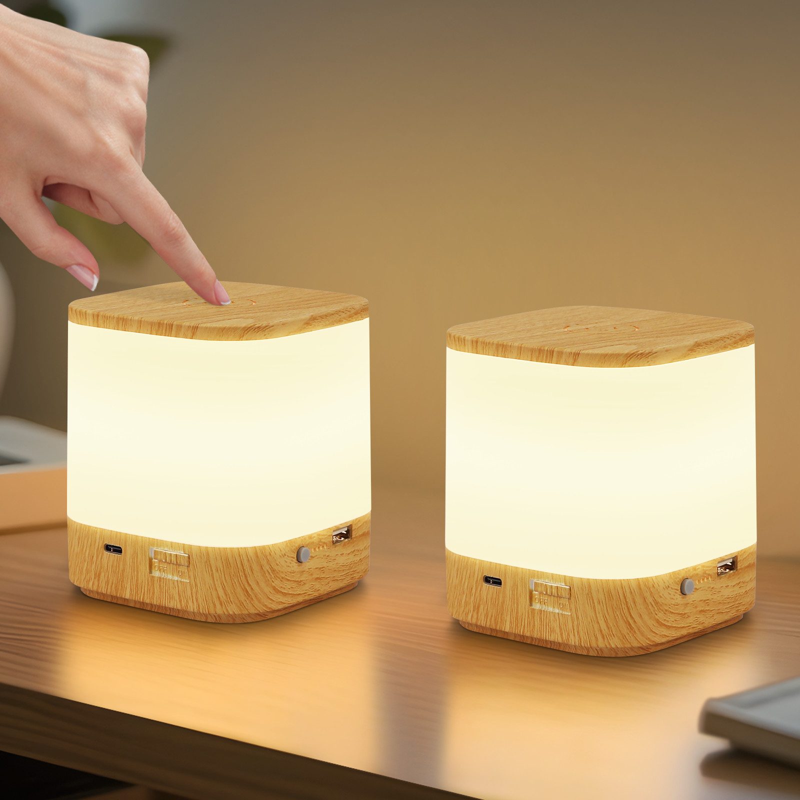 NETTLIFE 2 st LED-bordslampor med 1800 mAh uppladdningsbart batteri, 3000-6500 K USB-touchdimmer och 3 färgtemperaturer