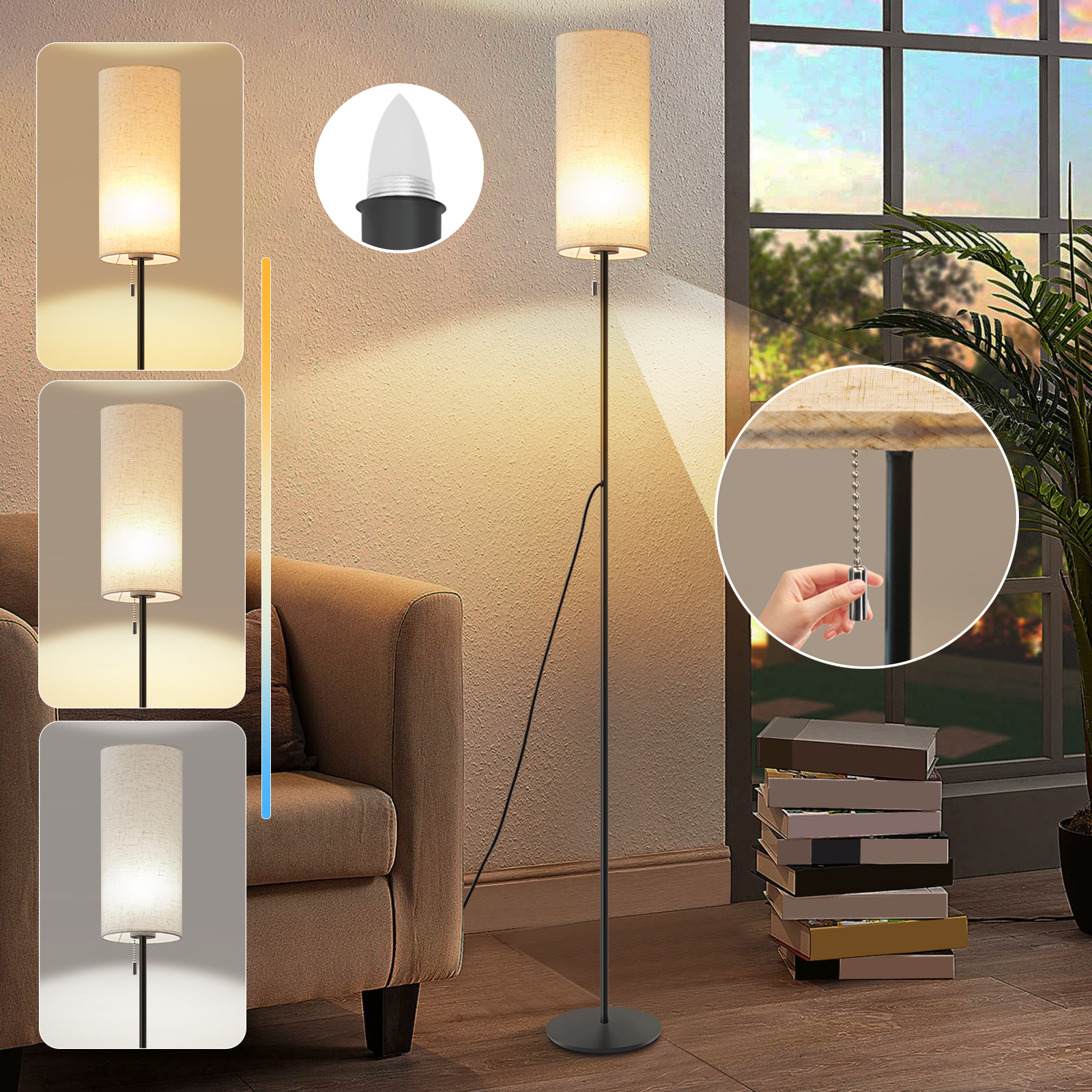 NETTLIFE Dimbar LED-golvlampa Retro Tygskärm för Vardagsrum med Dragströmbrytare