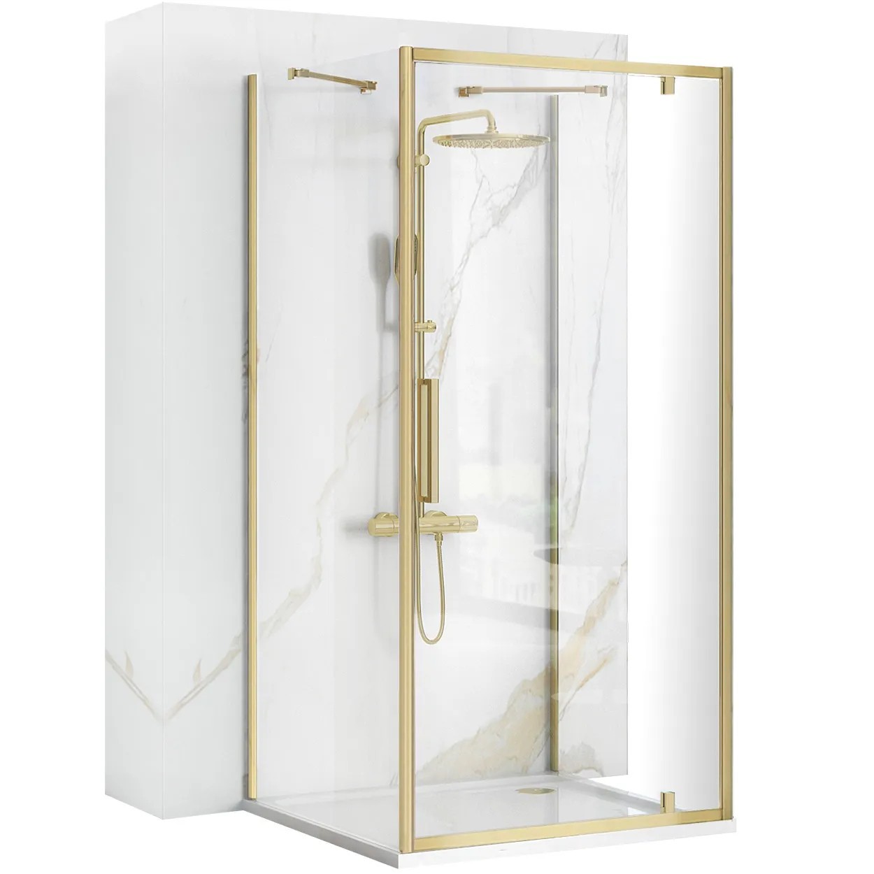 REA Duschkabin För Väggplacering RAPID SWING 90x90 Borstat Guld, 90x90x195cm