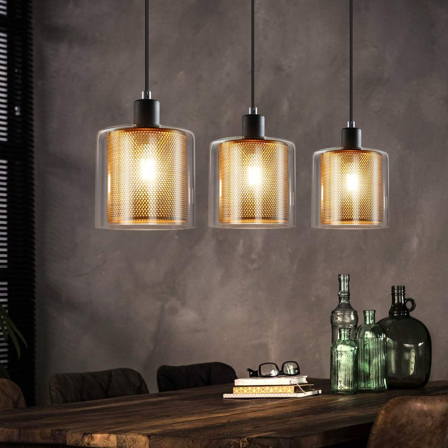 NETTLIFE svartguldmetall, pendellampa E14 diameter, 1715 cm Vintage - industriell, glas, 3 lampor för vardagsrum, kontor